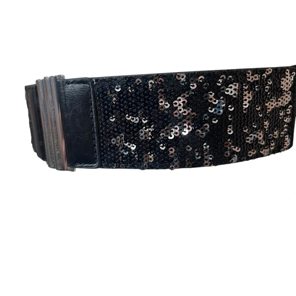 Sequin Statement Belt Black Silver Stretch Wide waist Whimsigoth Punk Sz Small